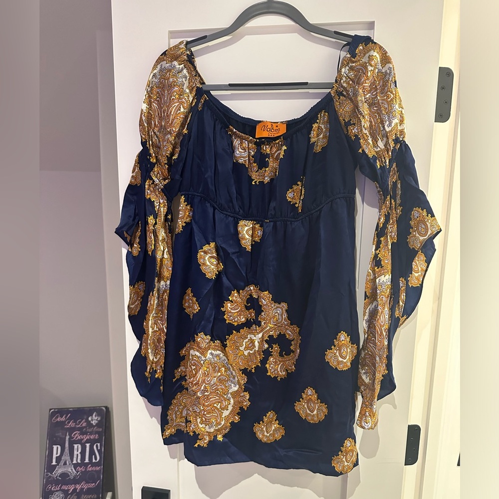 Voom by Joy Han Navy Blue & Gold Paisley Off-Shoulder Dress